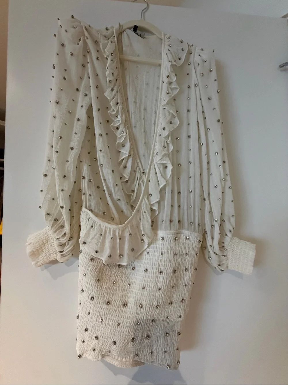 Retrofete Ivory Ruffled Long Sleeve Mini Dress with Silver Studs